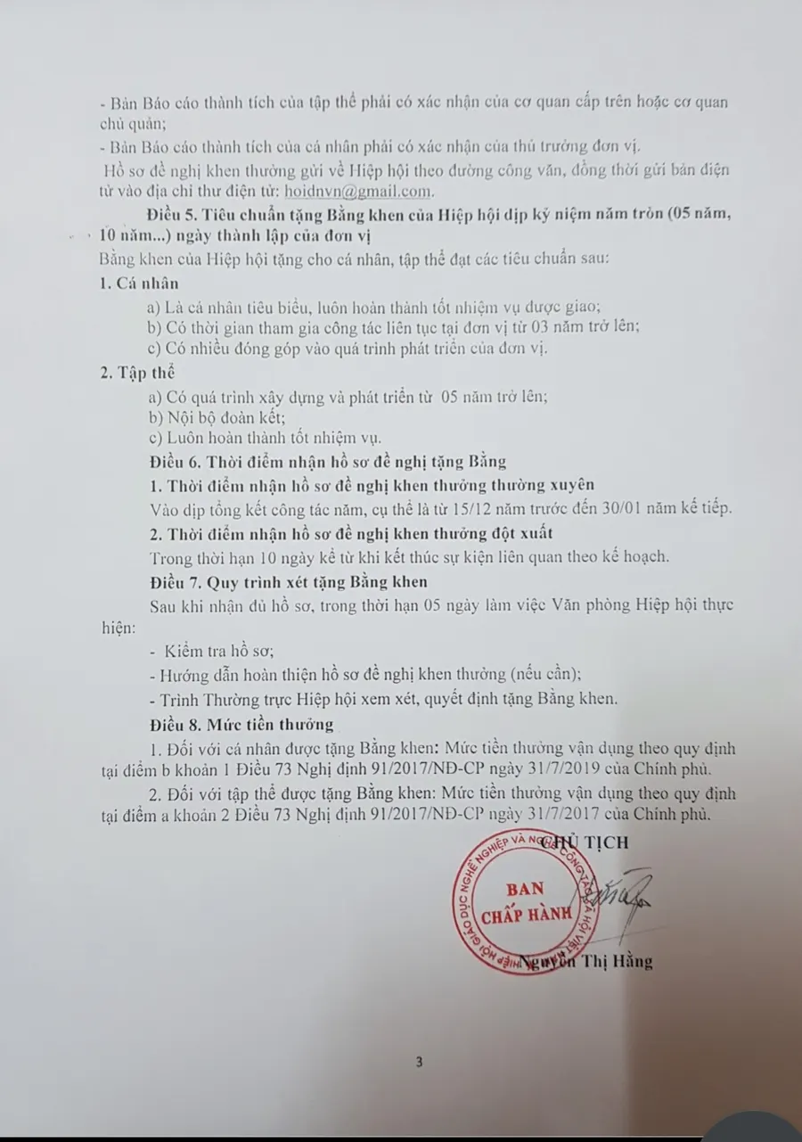 Ban hành Quy định tặng Bằng khen của Hiệp hội GDNN và Nghề CTXH Việt Nam